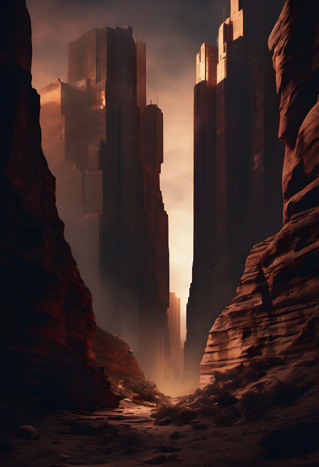 Skyscrapers forming a canyon of lit windows at night in dramatic side light