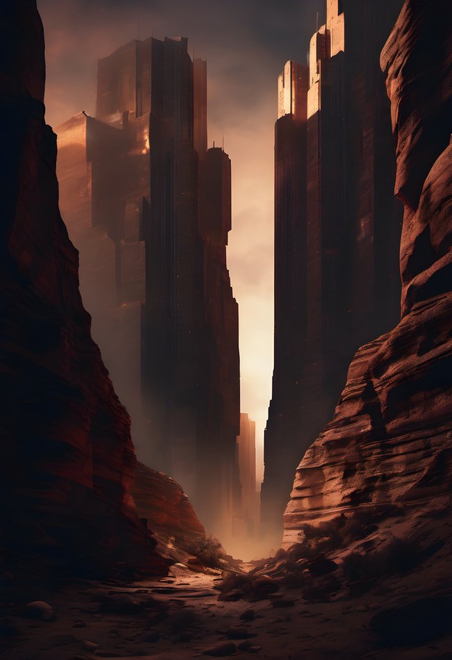 Skyscrapers forming a canyon of lit windows at night in dramatic side light