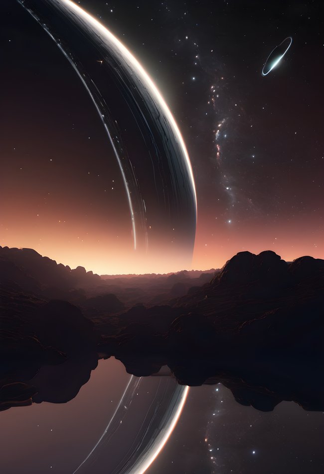 A ringed planet silhouetted against a dark starfield with a thin glowing limb