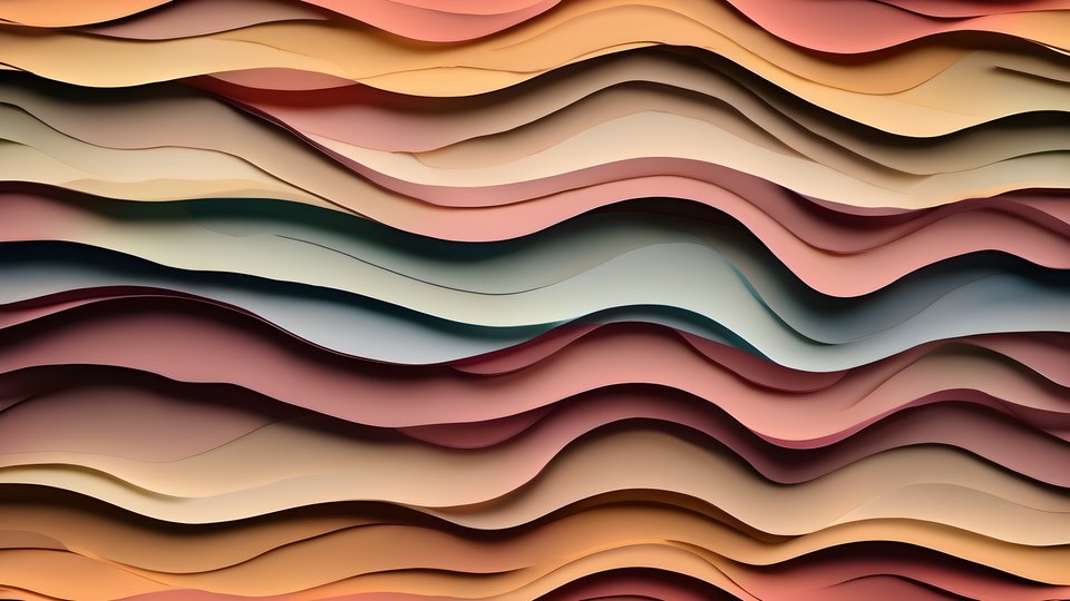 Layered paper waves in warm sunset tones in soft diffused light