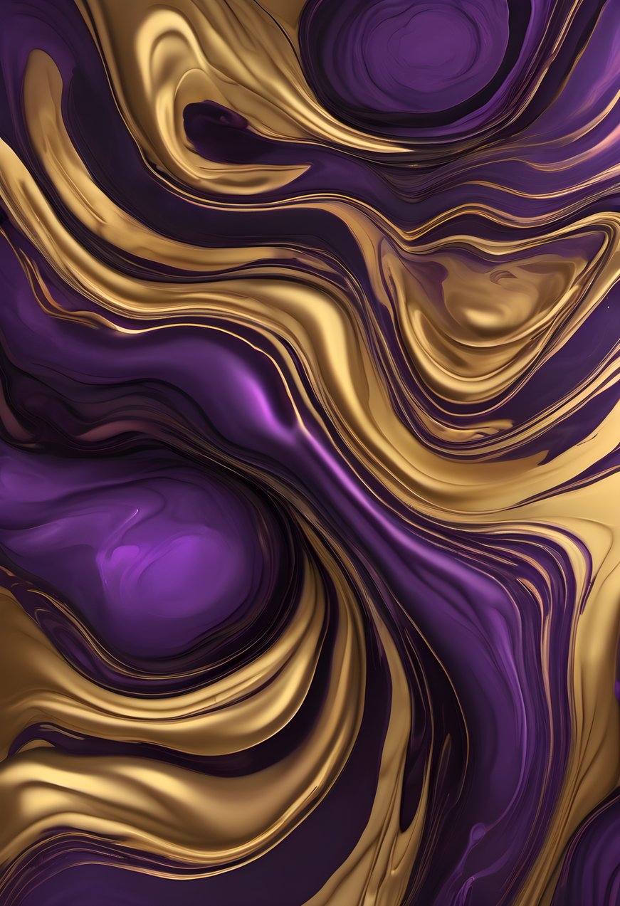 Purple and gold ink swirls flowing through a dark fluid abstract composition