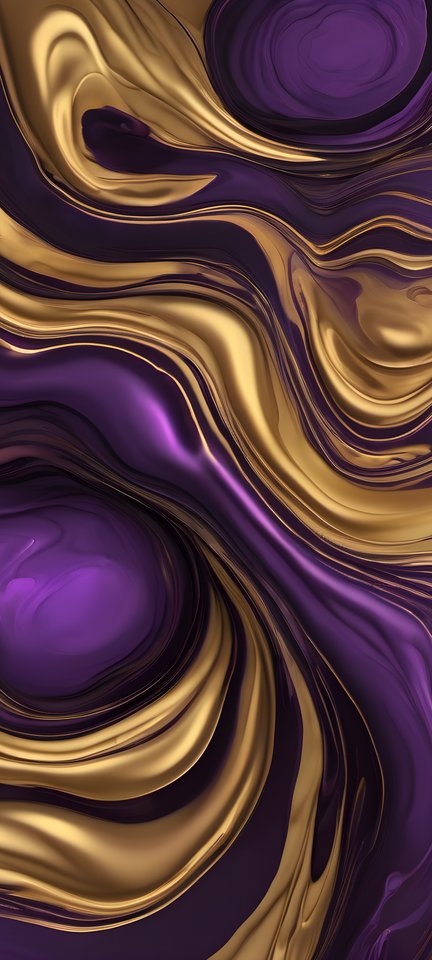 Purple and gold ink swirls flowing through a dark fluid abstract composition