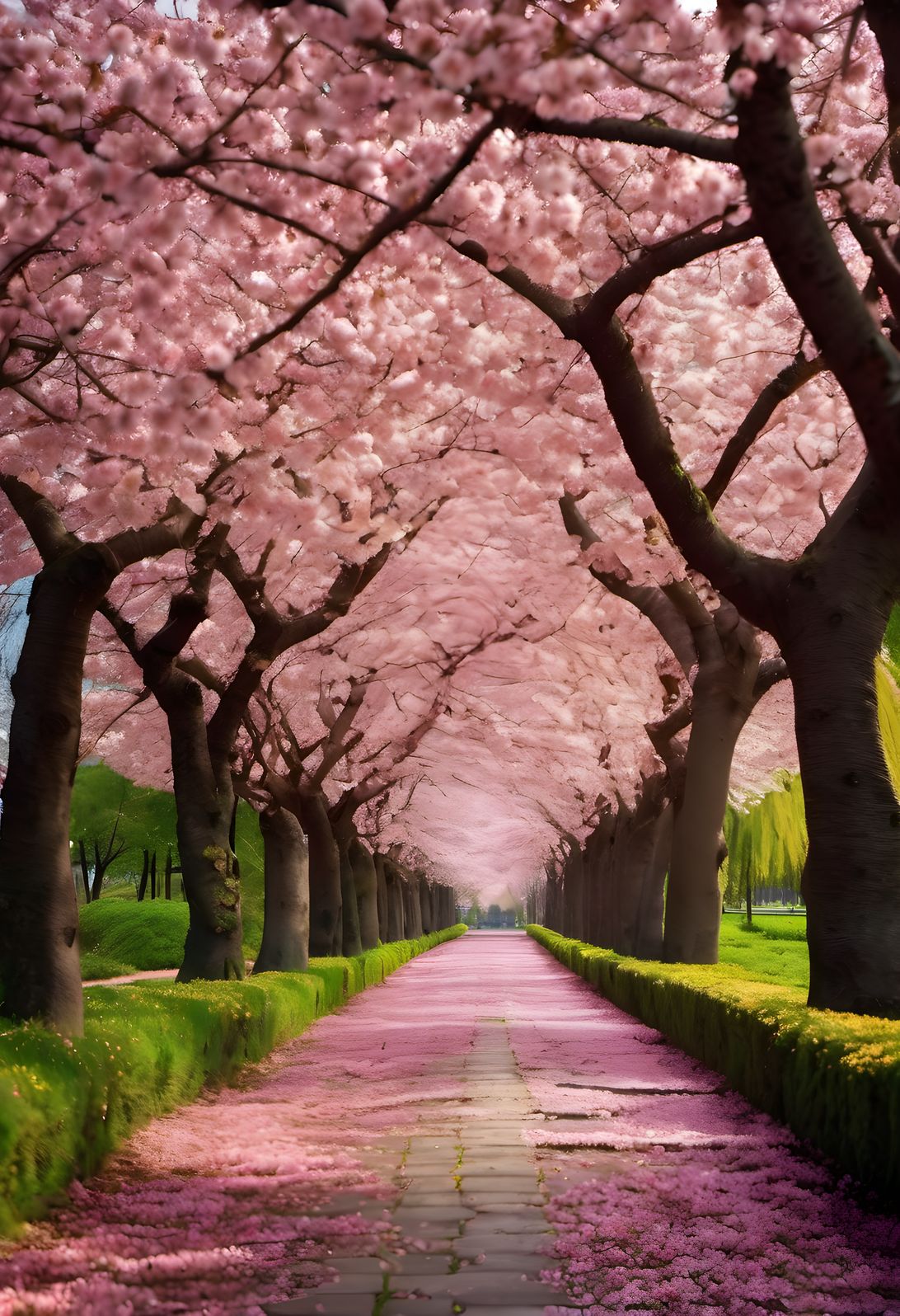 An avenue of cherry trees in full spring bloom under dramatic clouds