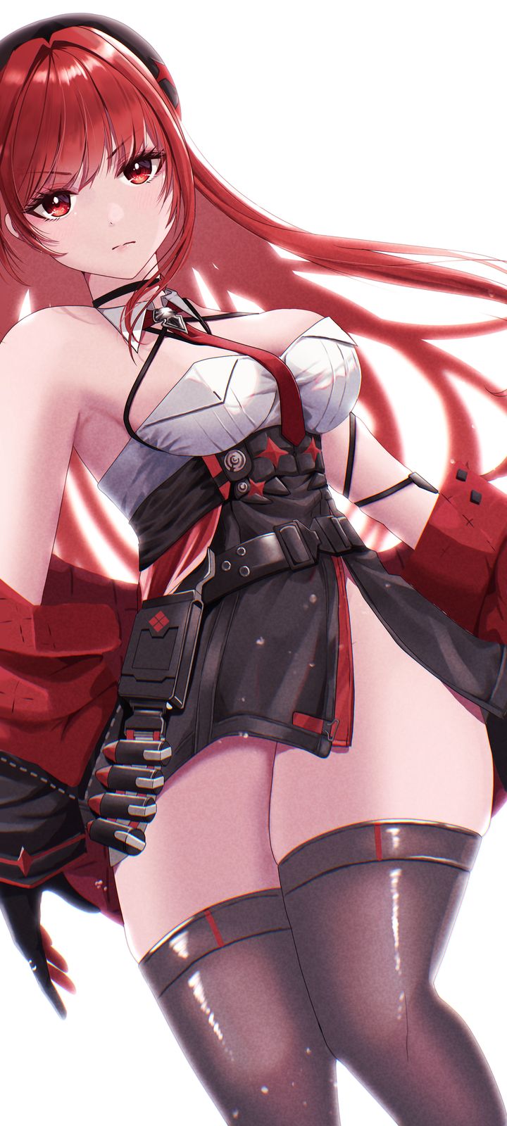 Anime illustration of a long red-haired girl in a black and white outfit with thigh-high stockings.