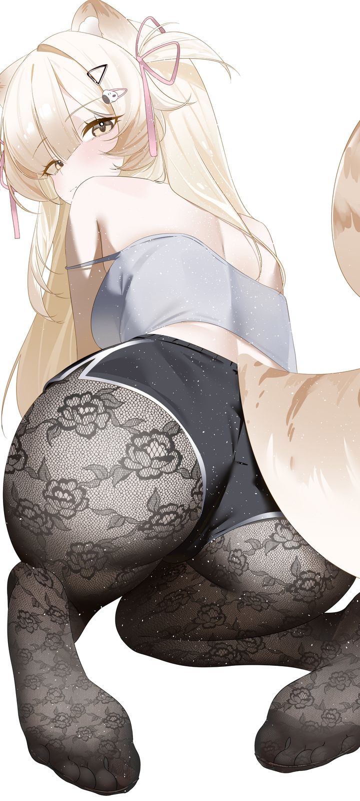 An anime girl with long blonde hair, cat ears and a fluffy tail kneeling while looking back over her shoulder.