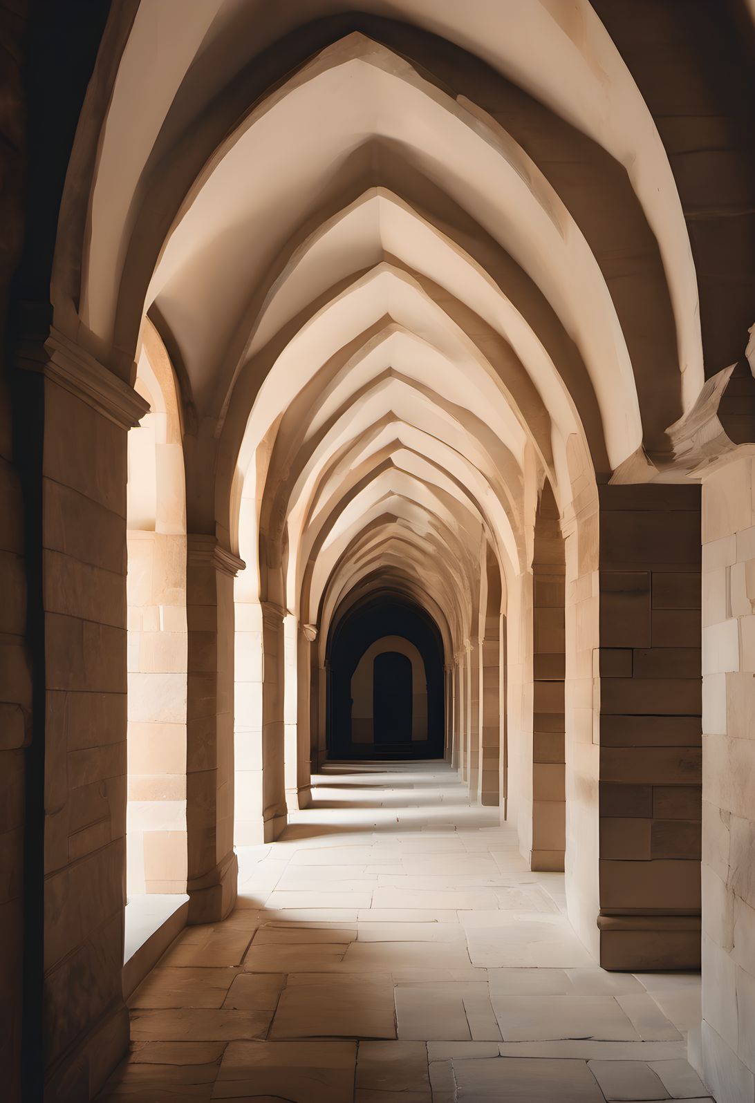 A stone corridor of repeating arches with rhythmic light and shadow