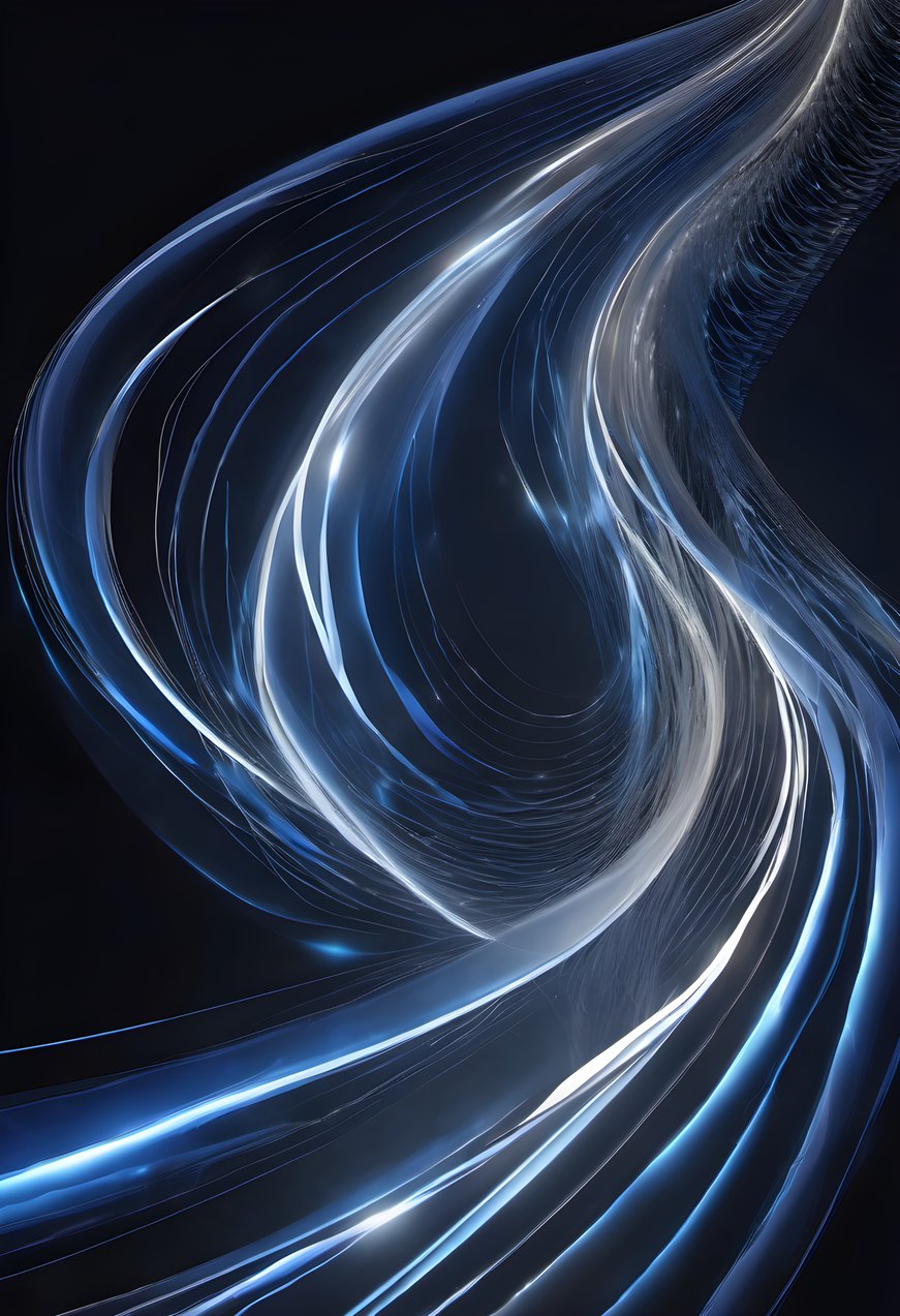 Blue and white fiber optic strands glowing in flowing curves on dark