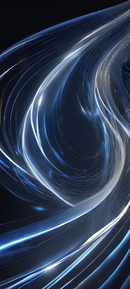 Blue and white fiber optic strands glowing in flowing curves on dark