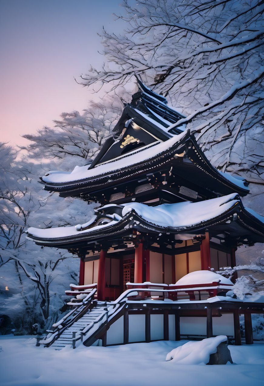 Temple eaves gathered with fresh snow at blue hour