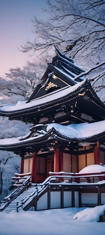 Temple eaves gathered with fresh snow at blue hour