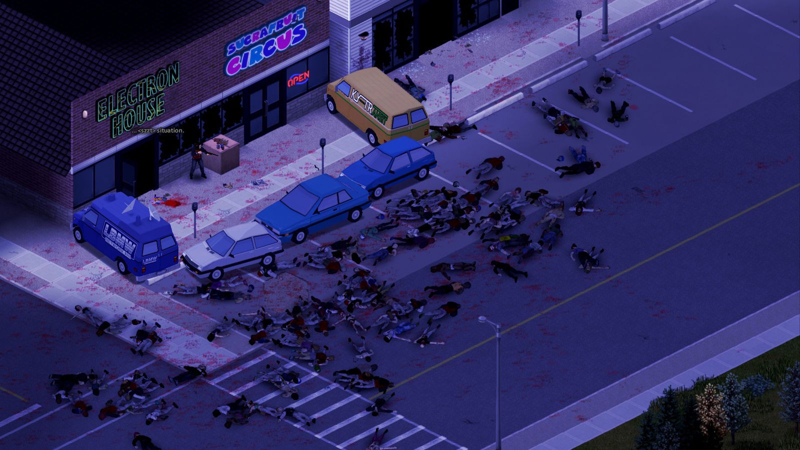Isometric pixel-art game scene of a bloody zombie massacre on a city street outside a strip mall at night.