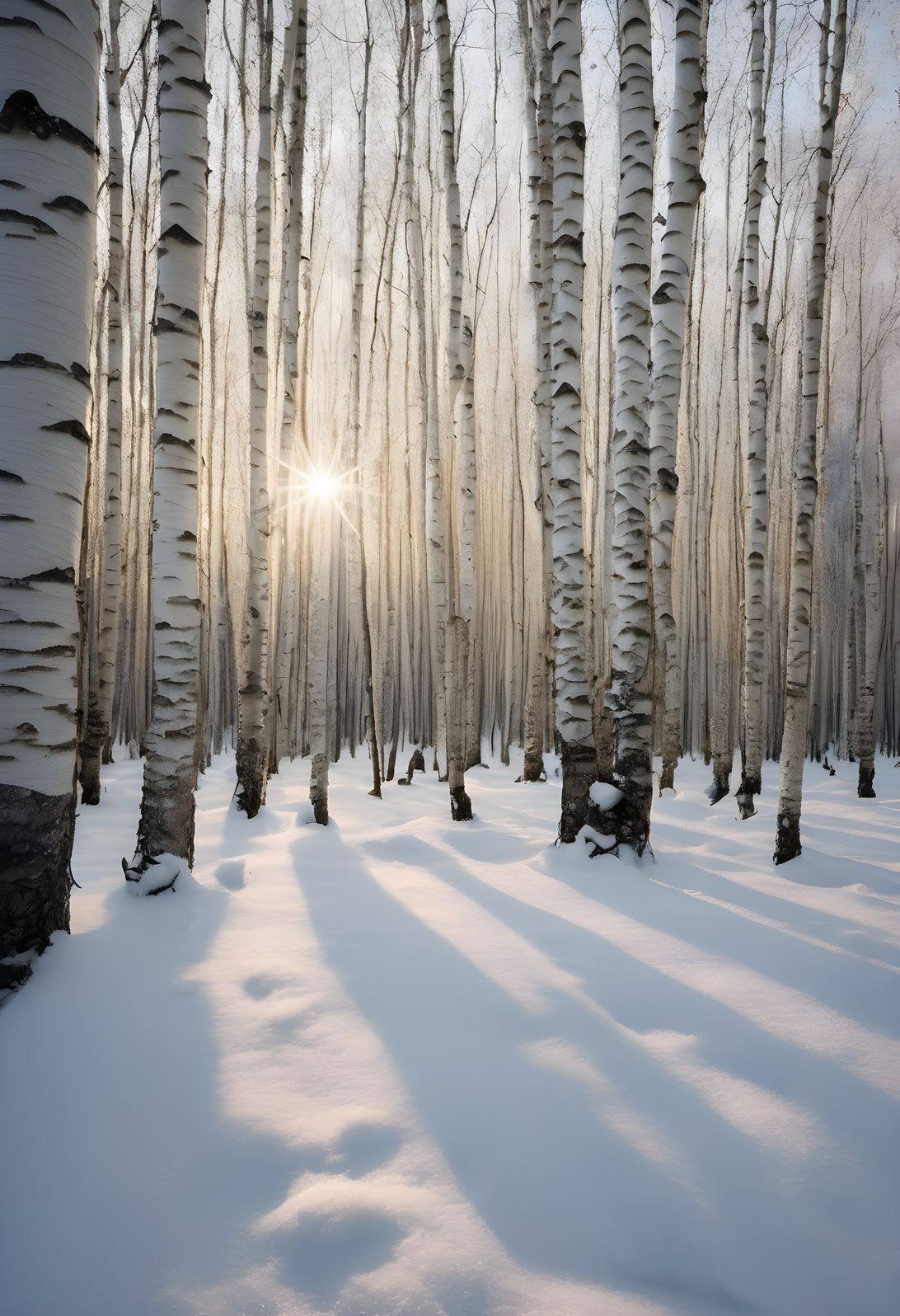 Snow covering a stand of white birch trunks in soft light after rain