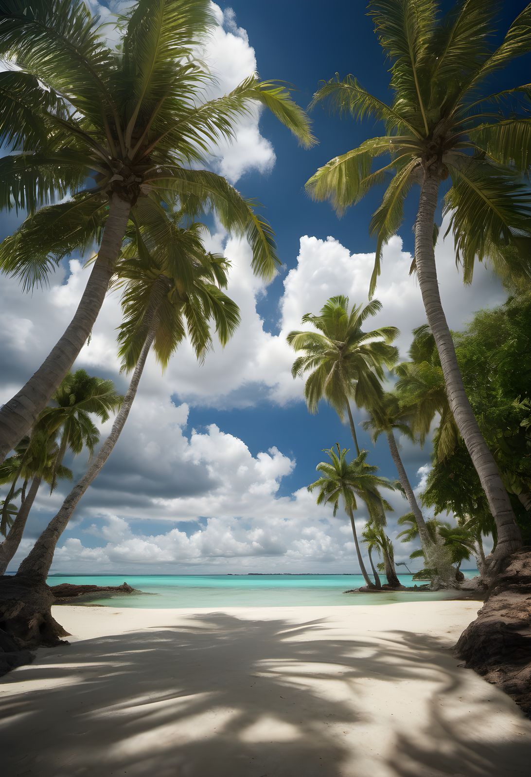 Palm shadows falling across a clear tropical lagoon under dramatic clouds