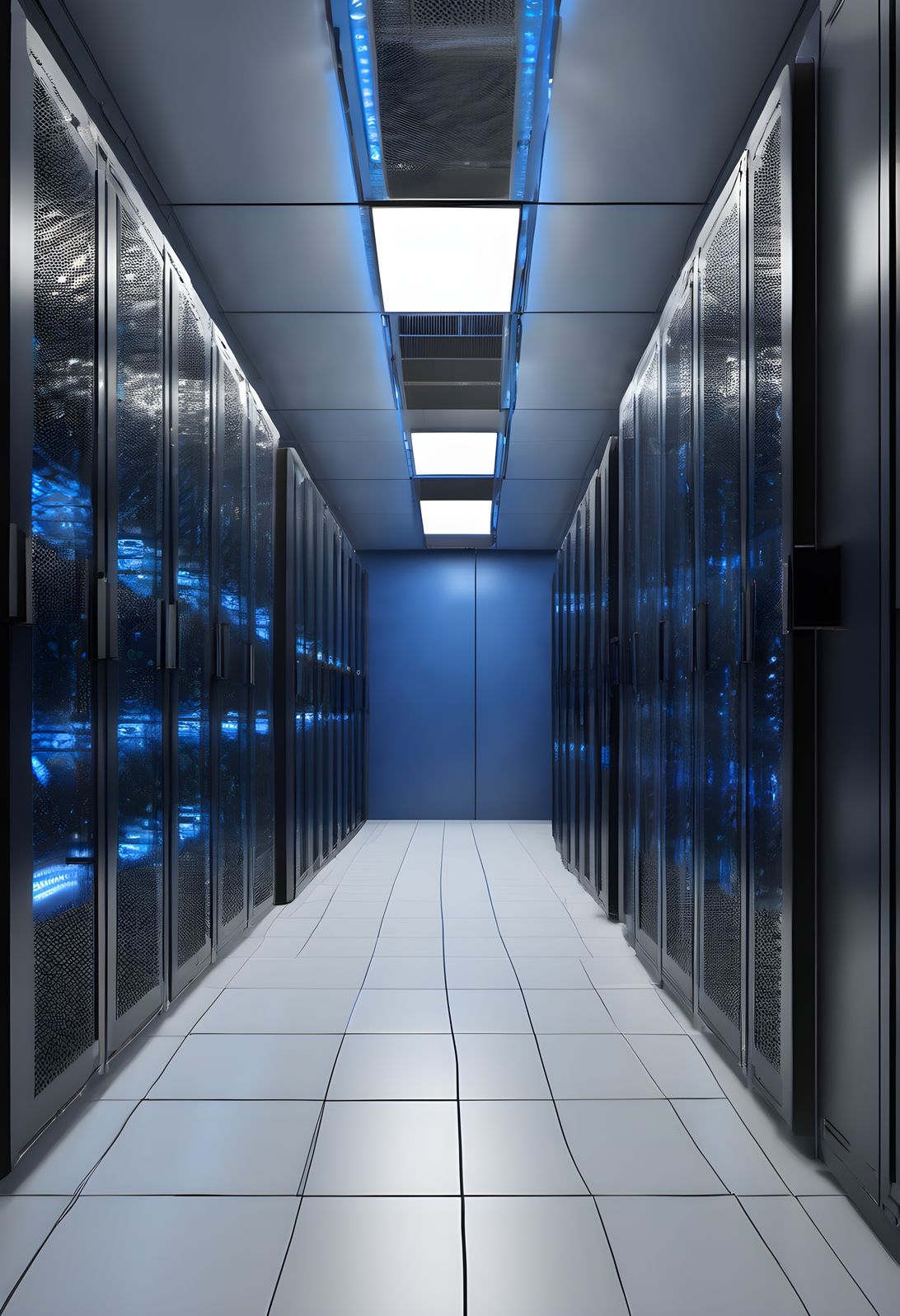 Server aisles glowing blue in a data center