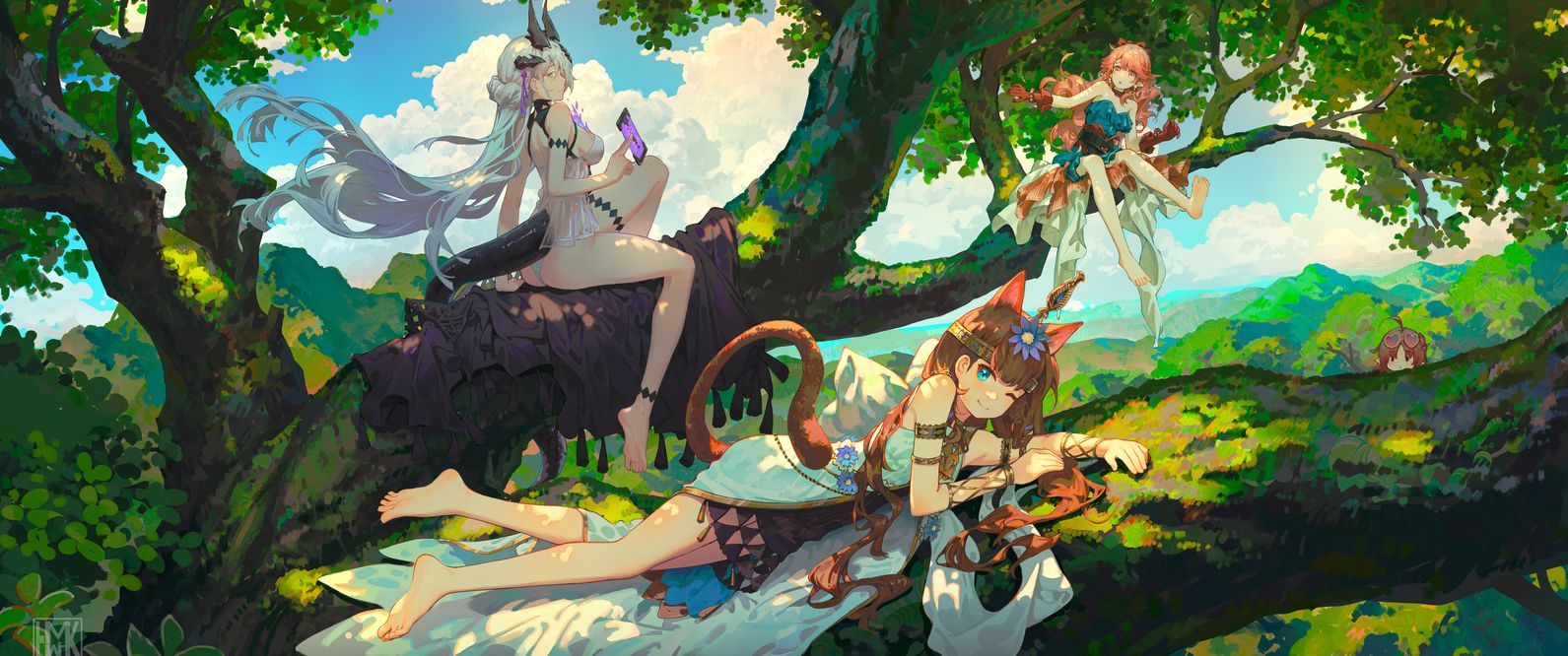 Anime girls relaxing on mossy tree branches in a lush green forest under a bright cloudy sky.