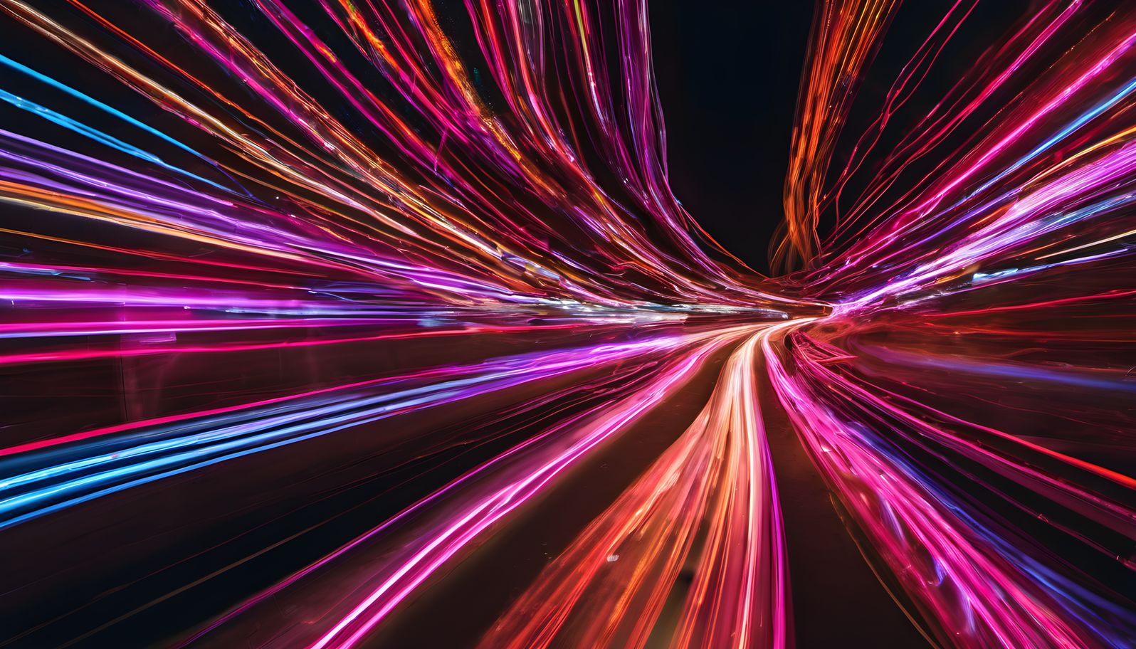 Long exposure neon trails crossing a dark frame with high contrast