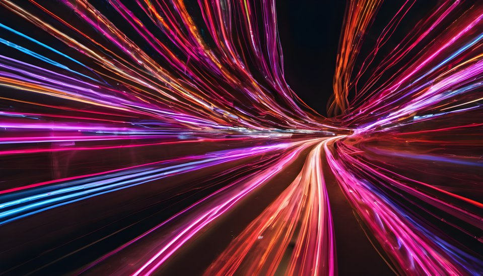 Long exposure neon trails crossing a dark frame with high contrast