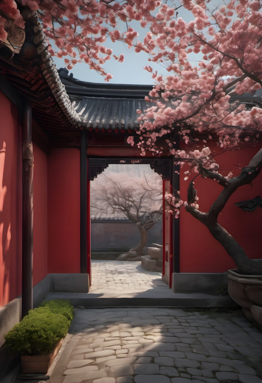 A Chinese courtyard in spring with blossom over a moon gate and red walls