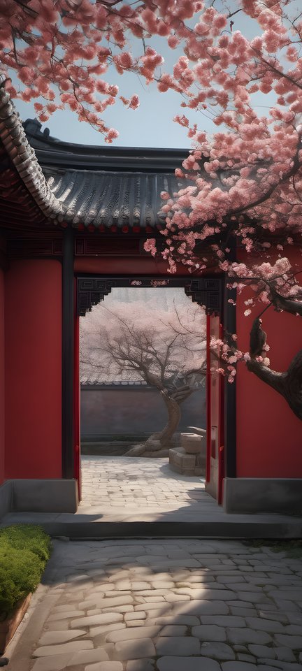A Chinese courtyard in spring with blossom over a moon gate and red walls