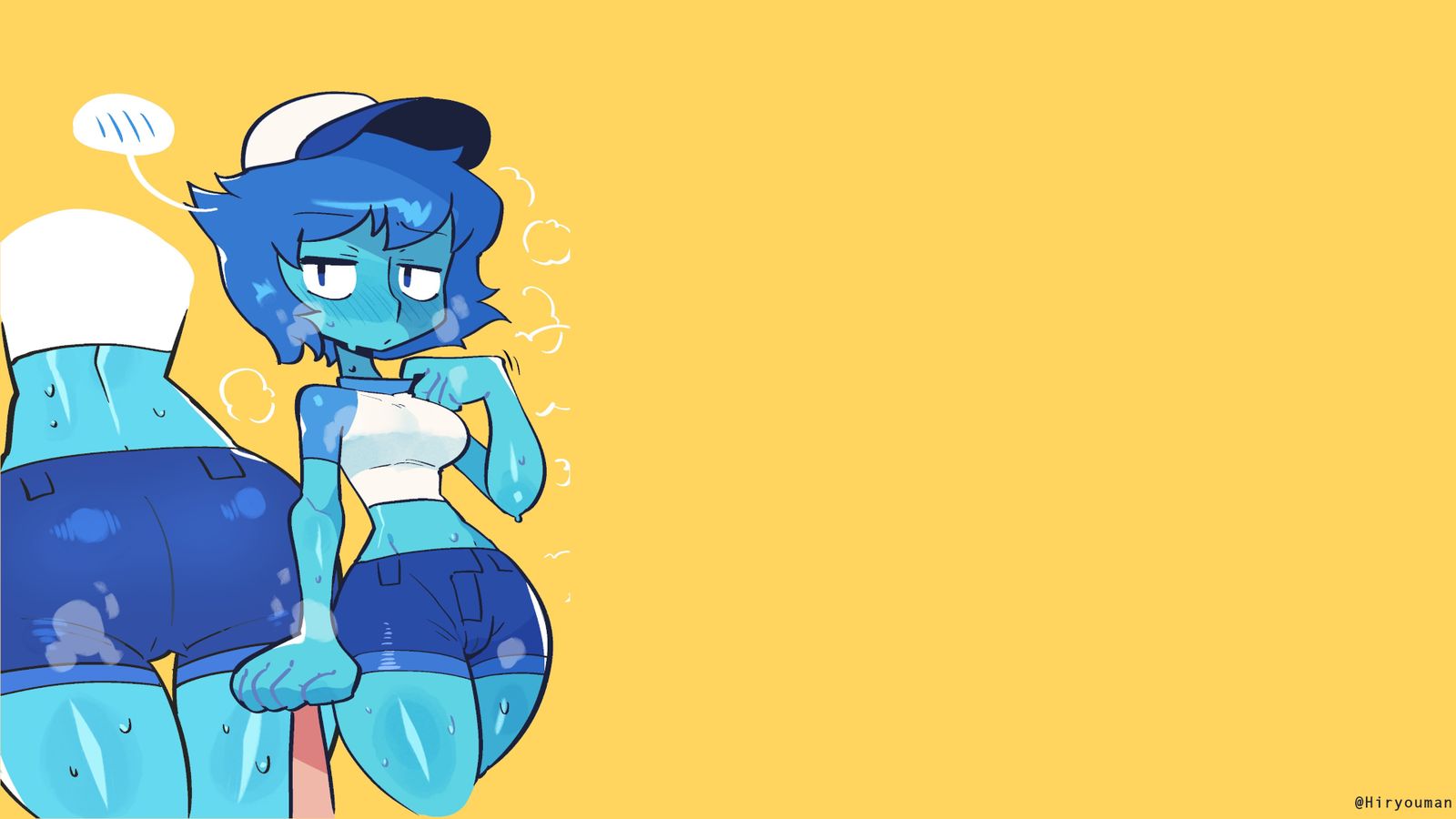 A blue-skinned cartoon girl with short blue hair wearing a cap and denim shorts, sweating against a yellow background.