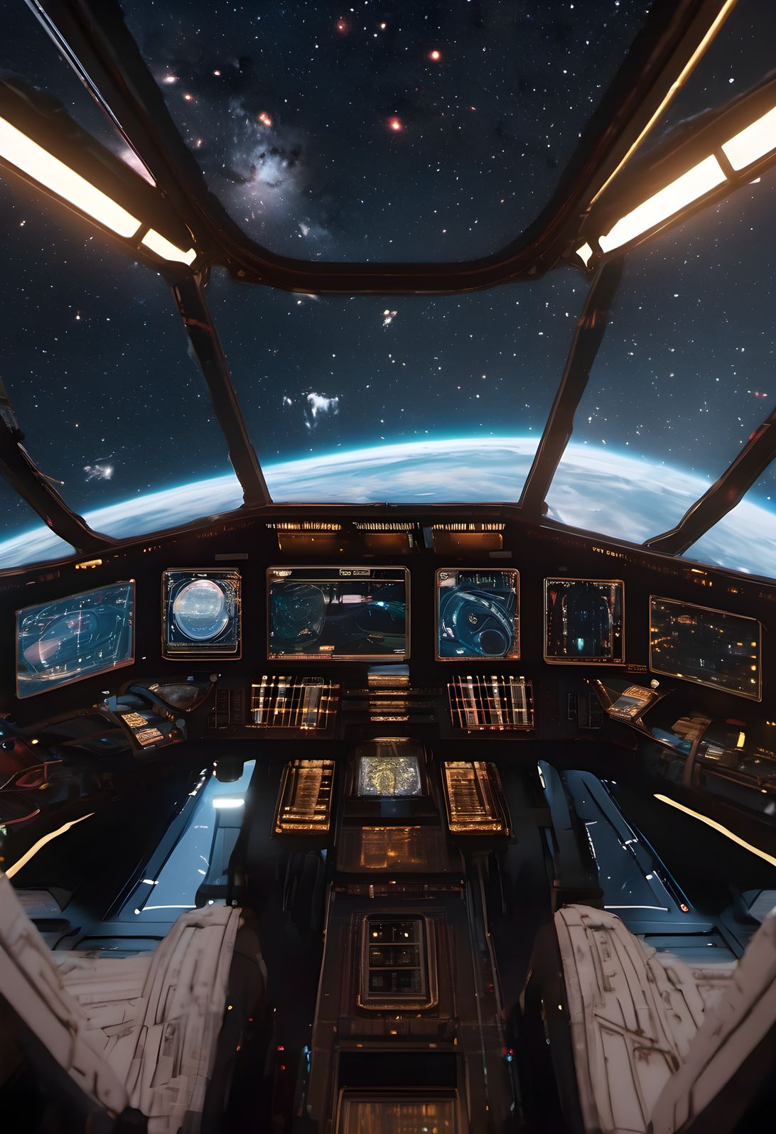 A starship cockpit jumping to hyperspace with streaking stars ahead