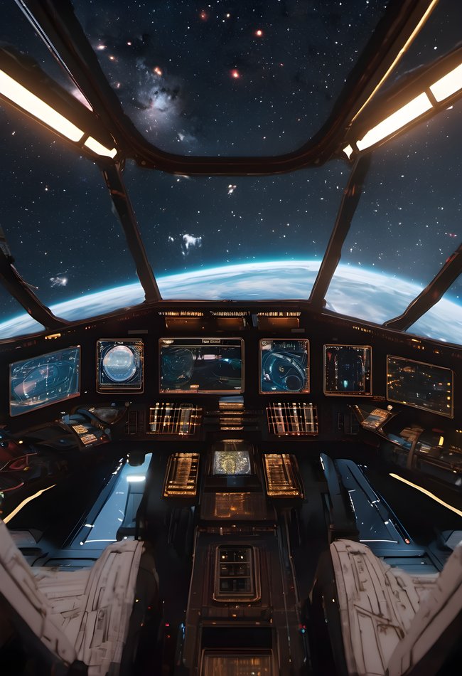 A starship cockpit jumping to hyperspace with streaking stars ahead