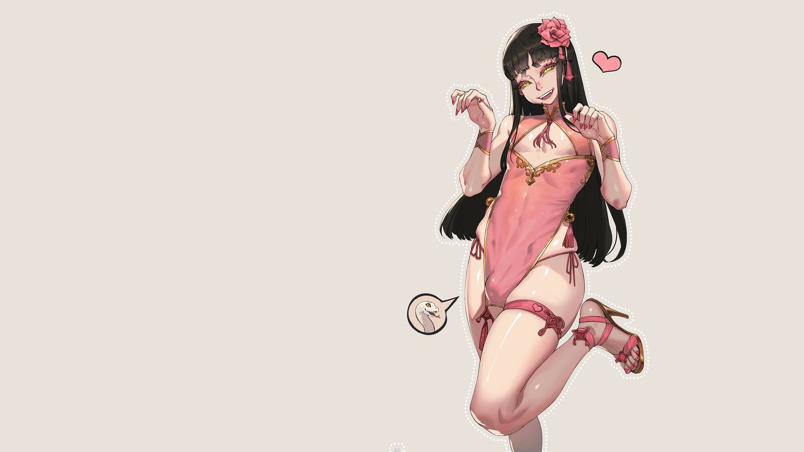 An anime girl with long black hair and a pink flower smiles playfully while wearing a pink qipao-style dress.