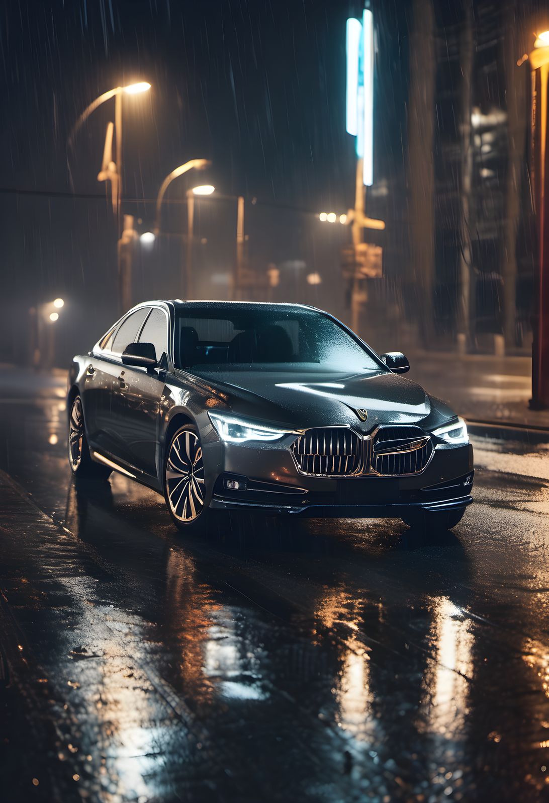 A luxury sedan driving through the night city in the rain