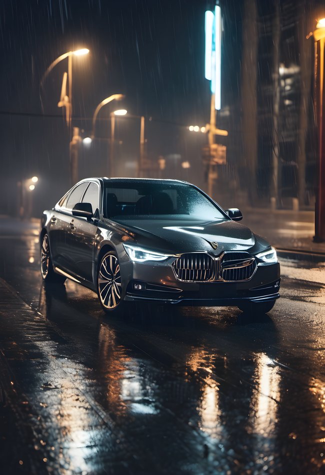 A luxury sedan driving through the night city in the rain