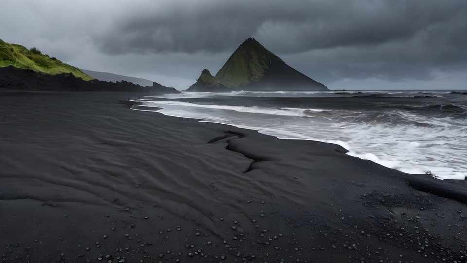 Black sand coastline shaped by volcanic rock after rain