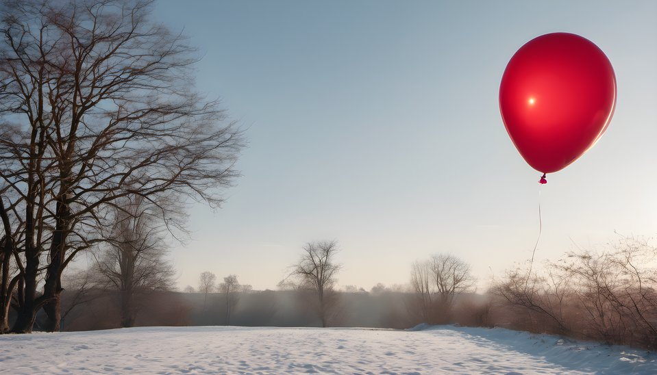 A single red balloon against a clear sky in soft morning light