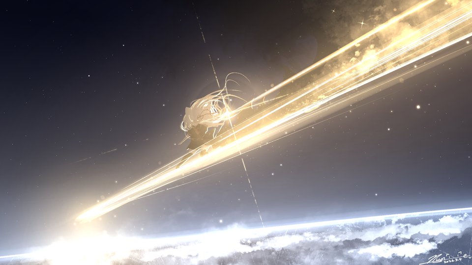 An anime girl with long flowing hair streaks across the night sky riding a brilliant golden trail of light above the clouds.