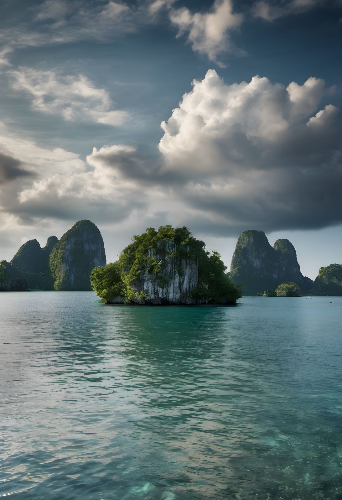 Limestone karst islands rising from a calm bay under dramatic clouds