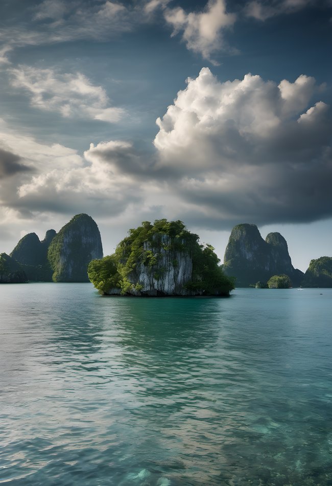 Limestone karst islands rising from a calm bay under dramatic clouds