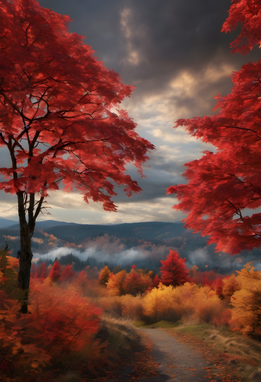 A valley of maple trees in full red and gold autumn color under dramatic clouds