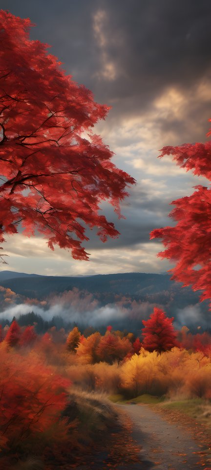A valley of maple trees in full red and gold autumn color under dramatic clouds