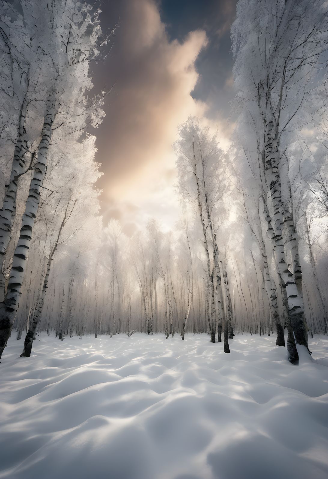 Snow covering a stand of white birch trunks in soft light under dramatic clouds