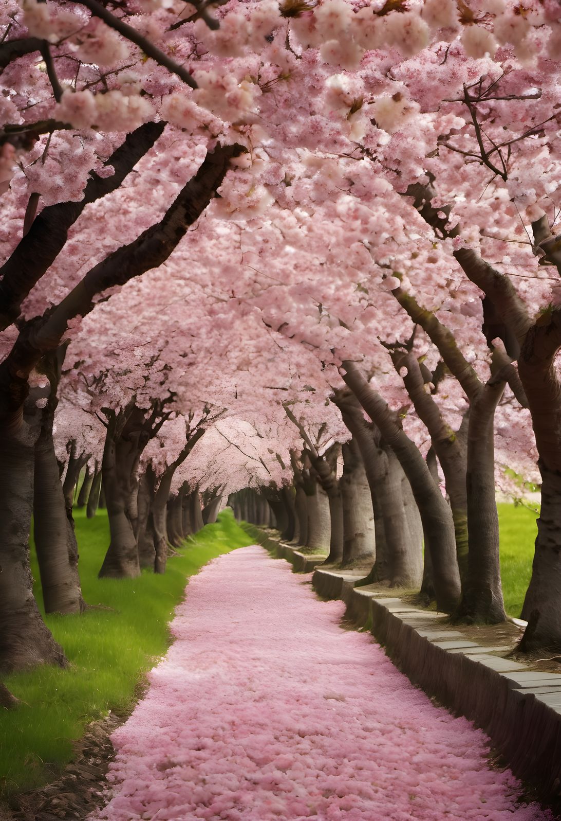 An avenue of cherry trees in full spring bloom