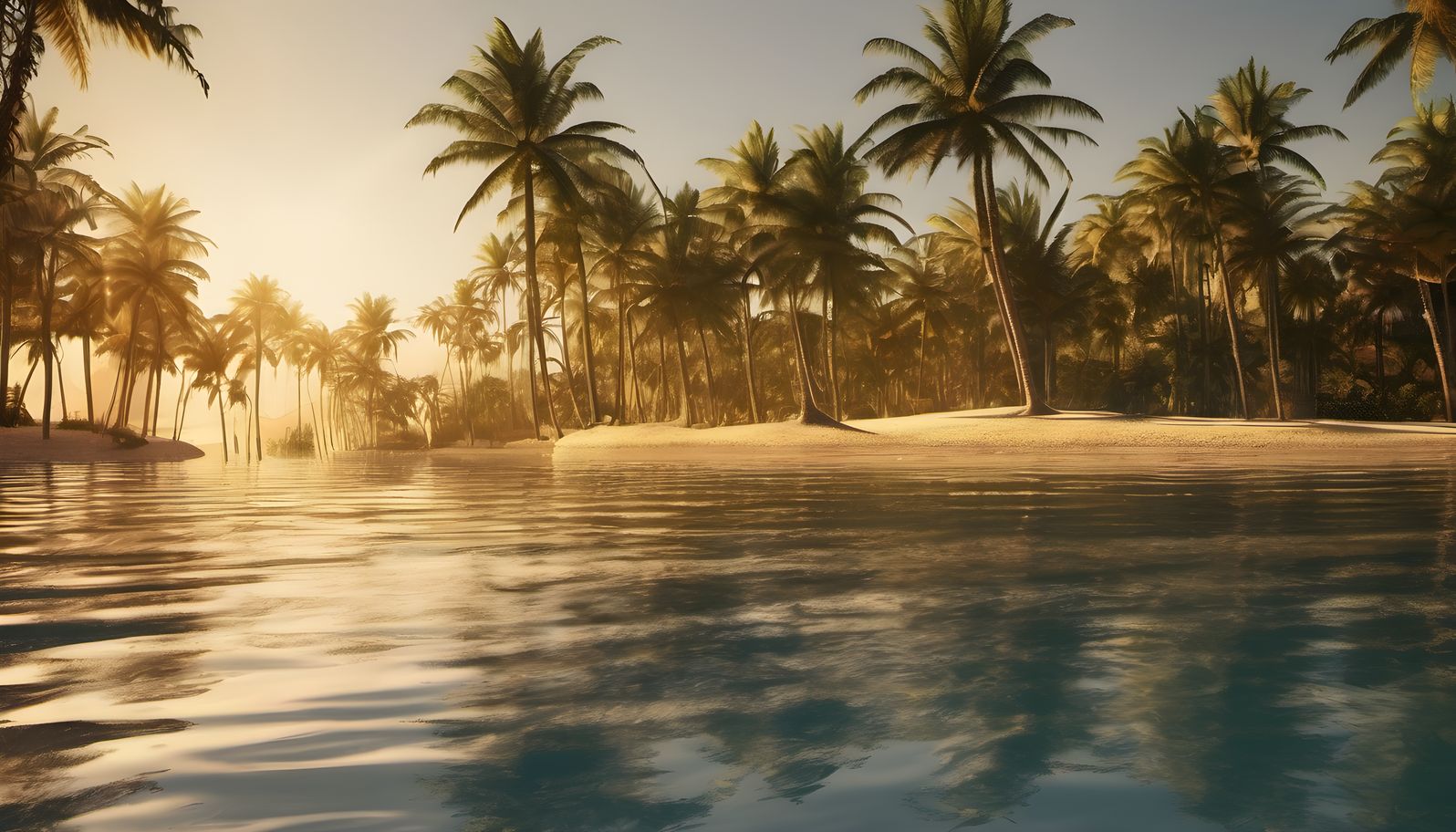 Palm shadows falling across a clear tropical lagoon at golden hour