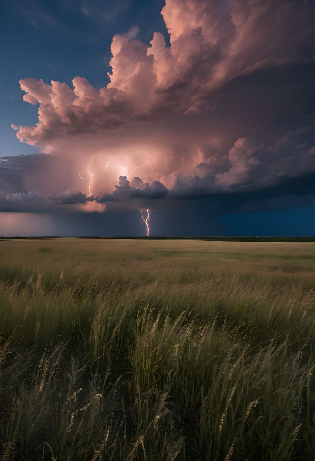 A thunderstorm rolling across the prairie at blue hour at golden hour