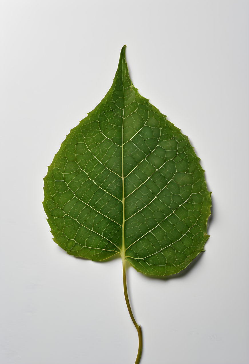 One green leaf centered on a white field with vast negative space