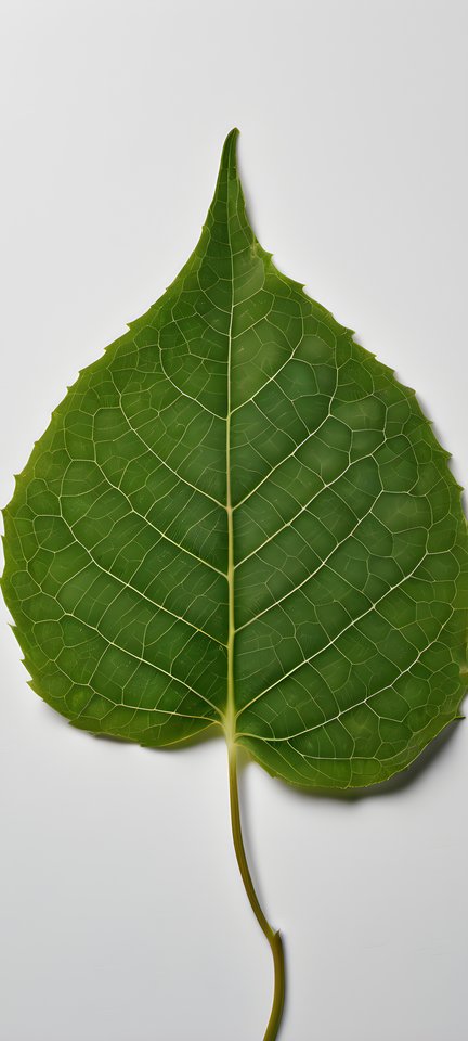 One green leaf centered on a white field with vast negative space