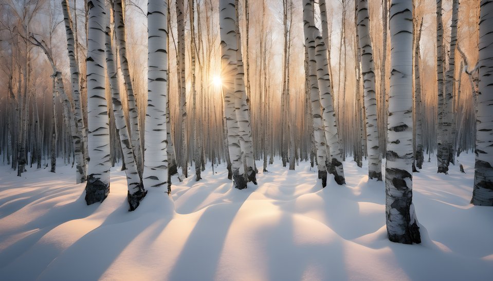 Snow covering a stand of white birch trunks in soft light at golden hour