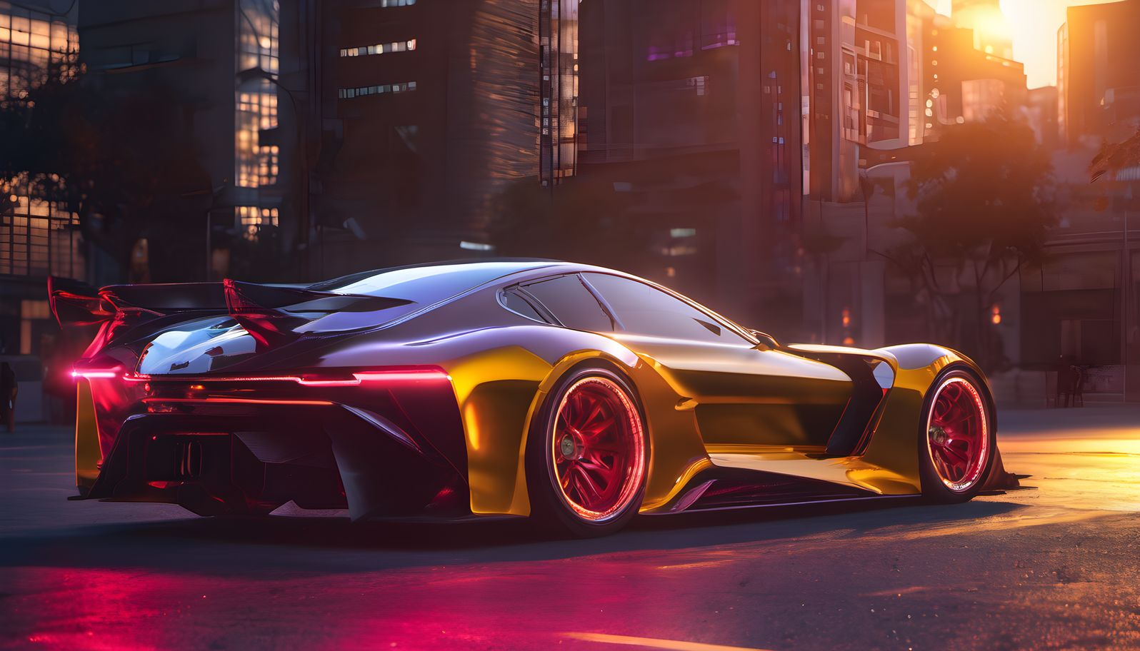A show car glowing with neon underglow at golden hour