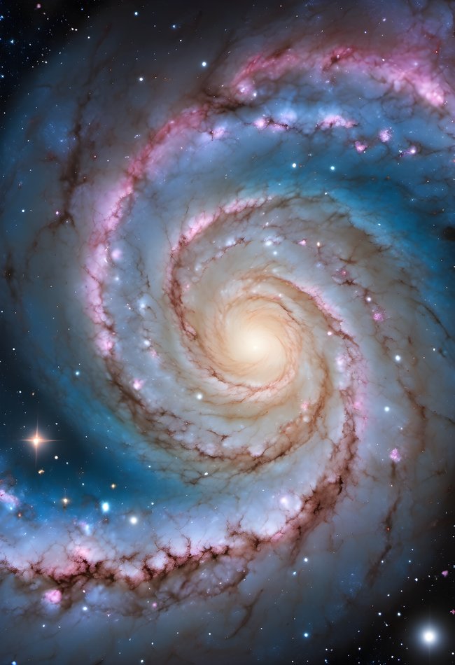 A tilted spiral galaxy with a soft pastel core and blue arms