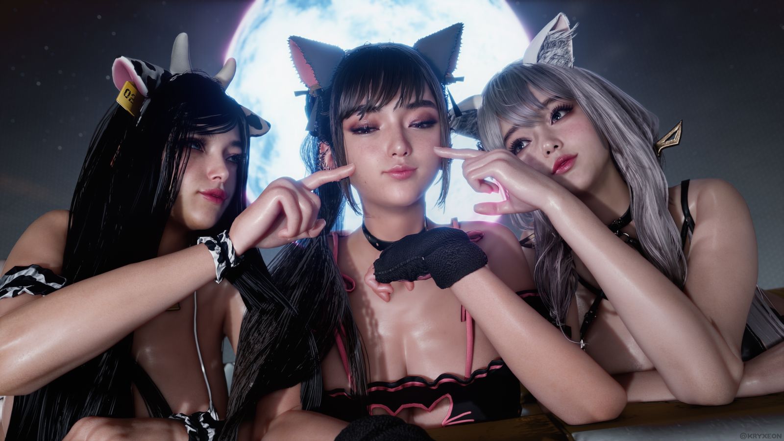 Three anime-style catgirl characters with animal ears pose cutely in front of a glowing full moon.