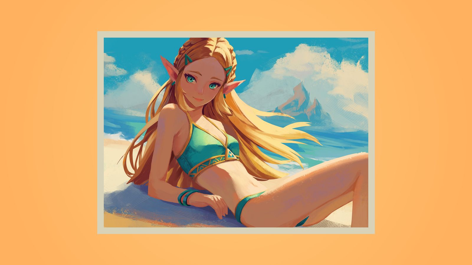 An anime-style blonde elf girl in a teal bikini relaxing on a sunny beach by the ocean.