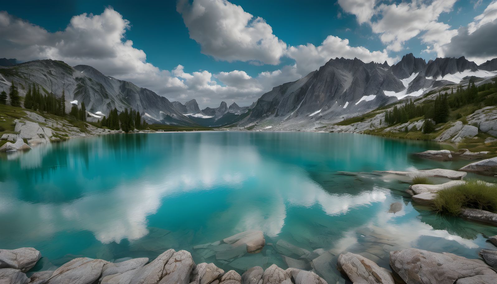 A turquoise alpine lake framed by granite shores under dramatic clouds