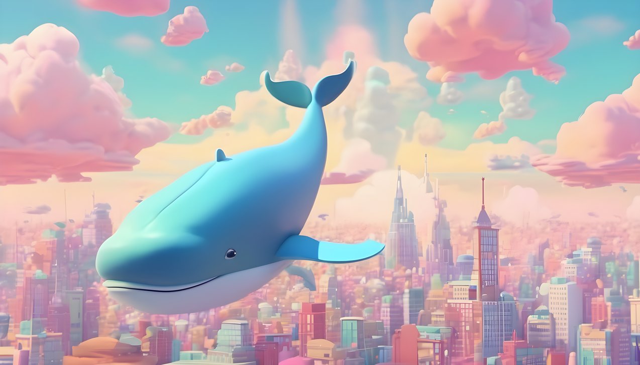 A giant friendly cartoon whale flying above a pastel city in soft clouds