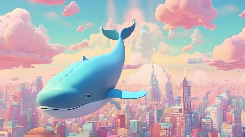 A giant friendly cartoon whale flying above a pastel city in soft clouds